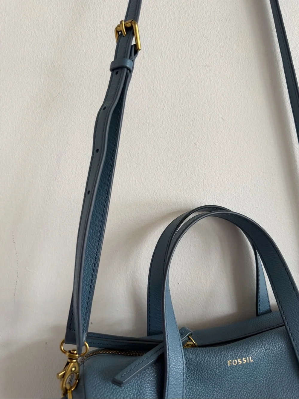Fossil Teal-Blue Pebbled Leather Satchel with Crossbody Strap